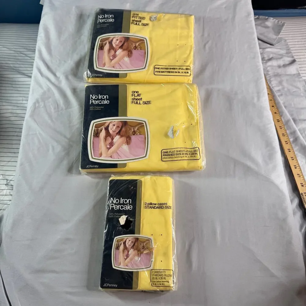 Vintage JCPenney Yellow Full Sheet Set Percale No Iron Pillowcases Fitted Flat